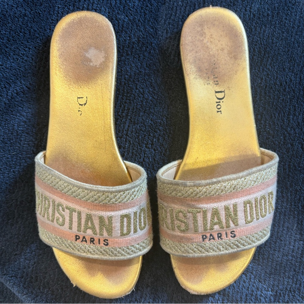 Christian Dior Gold and Tan Slide Sandals